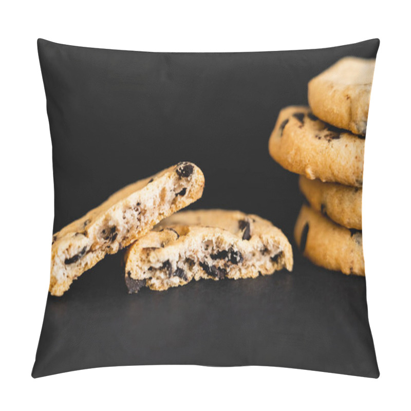 Personality  Close Up View Of Tasty Cookies With Chocolate Chips On Black Background Pillow Covers