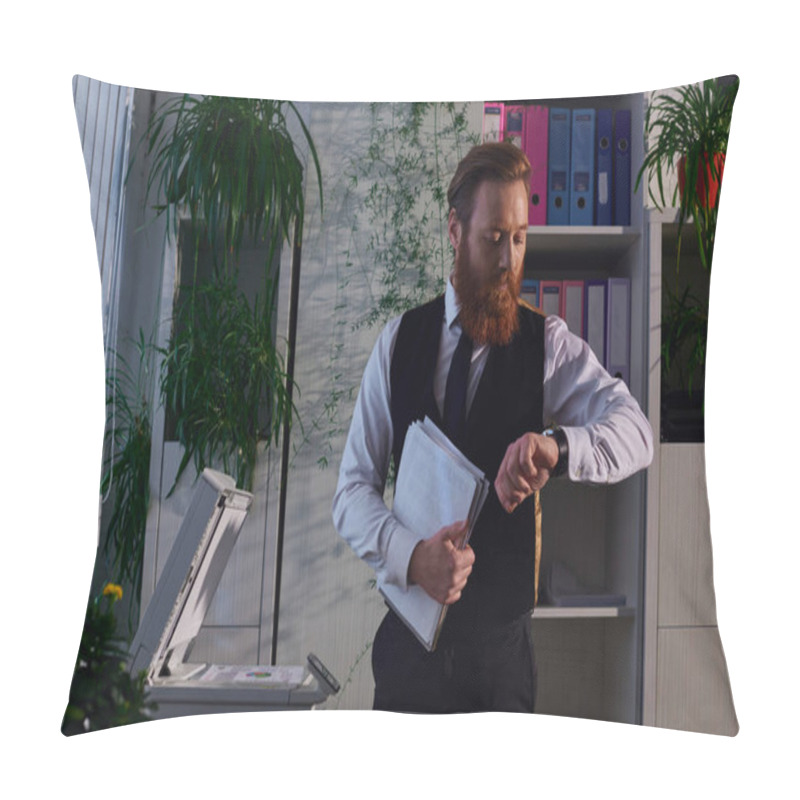 Personality  Bearded Businessman With Papers Looking At Wristwatch Near Copier While Working Late In Office Pillow Covers