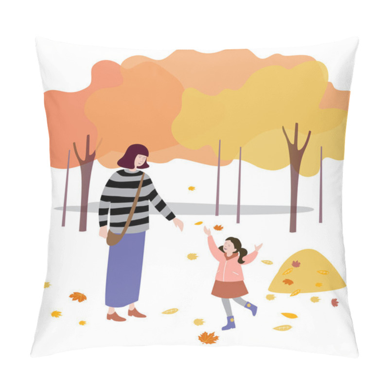 Personality  Woman Walks With Her Daughter In The Park, Throws Up Autumn Leaves Pillow Covers