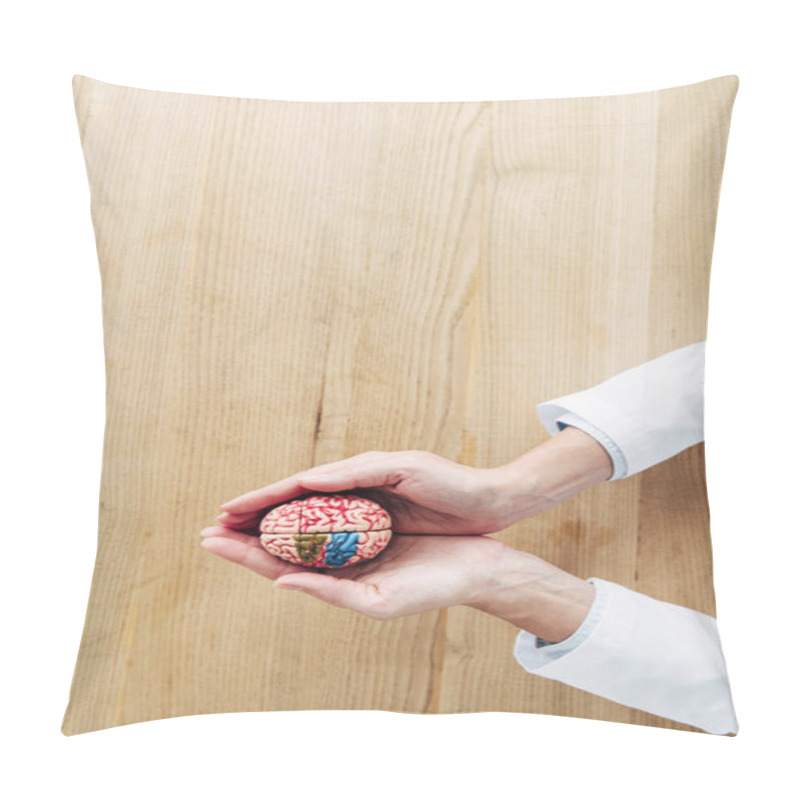 Personality  Cropped View Of Doctor Holding Model Of Brain In Clinic  Pillow Covers