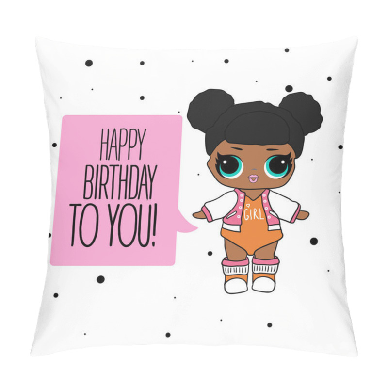 Personality  Cute Vector Lol Doll With Black And Pink Hair And Big Black Eyes. Design For Baby Girl T-shirt, Decoration Birthday Invitation, Coloring Book. Modern Kids Fashion Pillow Covers