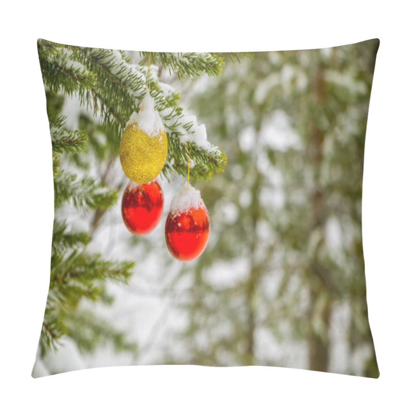 Personality  Winter Coniferous Forest. On The Branch Hang Two Red Christmas Balls And One Golden, Powdered With Snow Pillow Covers