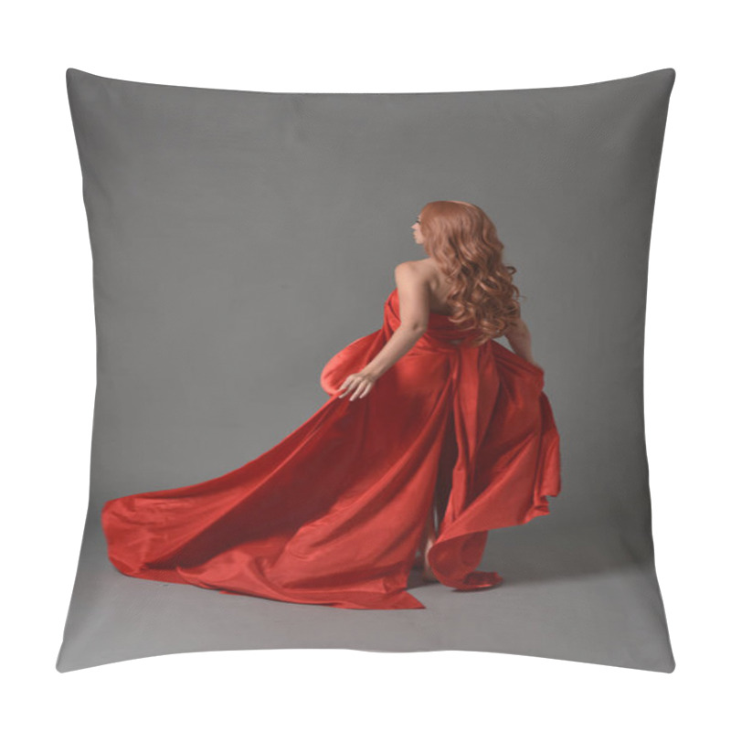 Personality  Full Length Portrait Of Woman Wearing A Red Silk Dress, Standing Pose On Grey Studio Background. Pillow Covers