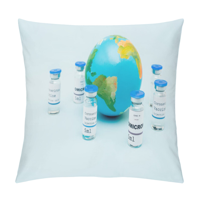 Personality  Covid-19 Omicron Variant Vaccine Bottles Near Globe On Blue Background Pillow Covers