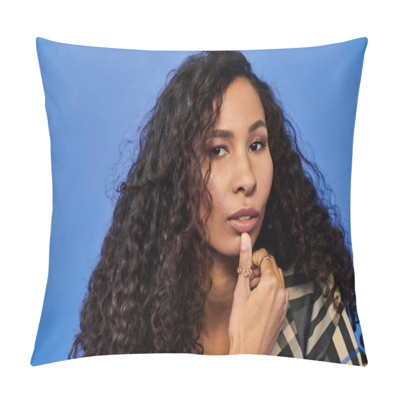 Personality  A Thoughtful Woman Displays Her Unique Style Against A Rich Blue Backdrop. Pillow Covers