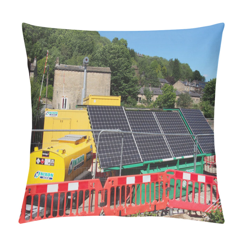 Personality  Hebden Bridge, West Yorkshire, United Kingdom - 12 June 2021: Close Up Of Of Solar Panels, Generator And Batteries On A Construction Site Pillow Covers