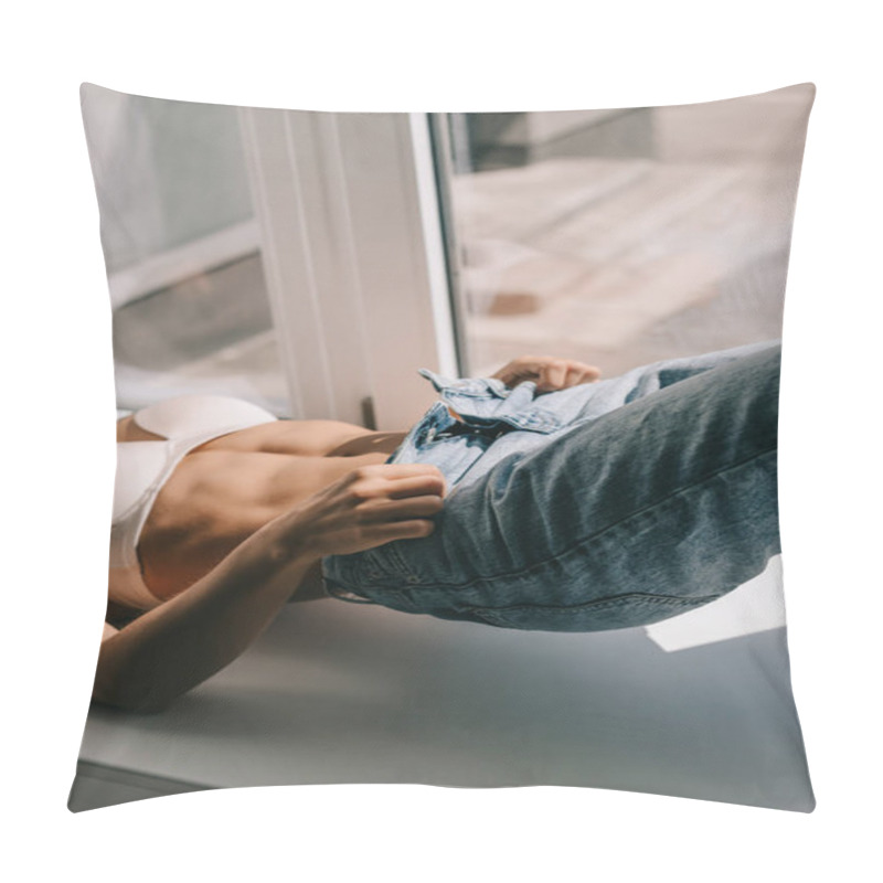 Personality  Cropped View Of Woman In White Bra Wearing Jeans Pillow Covers