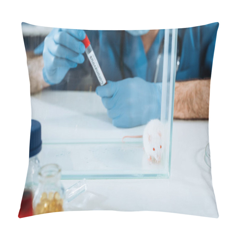 Personality  Selective Focus Of White Mouse In Glass Box Near Veterinarian In Latex Gloves Holding Test Tube With Coronavirus Inscription Pillow Covers