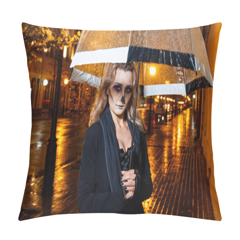 Personality  Hallowen Make Up. Girl With Umbrella On The Street In Evening  Pillow Covers