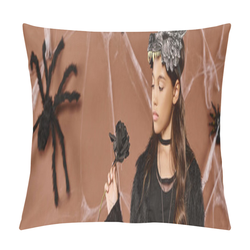 Personality  Preteen Girl In Wolf Mask And Holding Black Rose With Brown Backdrop, Halloween Concept, Banner Pillow Covers