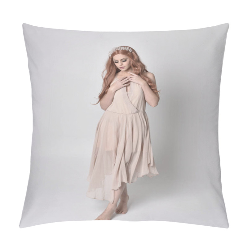 Personality  Full Length Portrait Of A Pretty, Fairy Girl Wearing A Nude Flowy Dress And Crystal Crown. Standing And Dancing Pose Against A Grey Studio Background. Pillow Covers