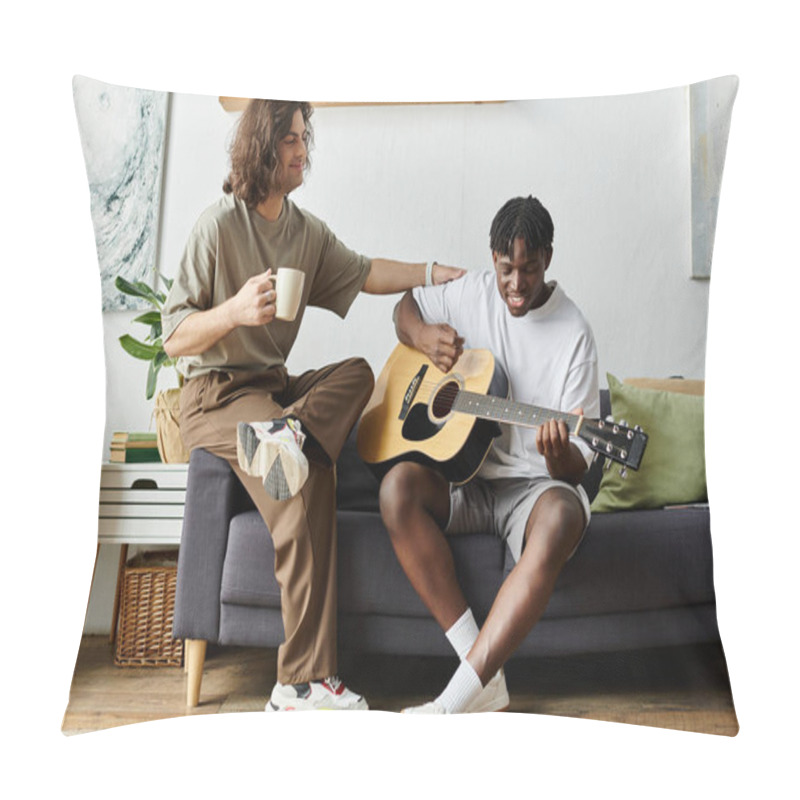 Personality  A Happy Couple Share A Tender Moment While One Strums A Guitar And The Other Sips Coffee. Pillow Covers