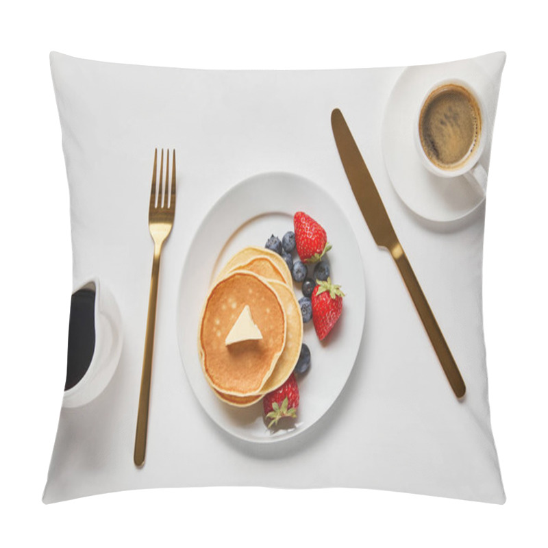 Personality  Top View Of Pancakes, Syrup In Jug And Cup Of Coffee Near Golden Cutlery Pillow Covers