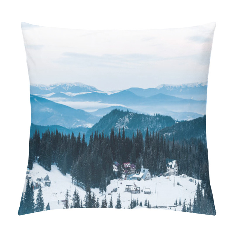 Personality  Scenic View Of Snowy Mountains With Pine Trees And Small Village Pillow Covers