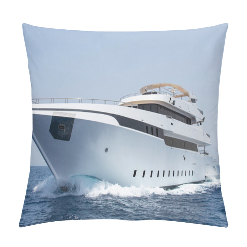 Personality  A Large Luxury Private Motor Yacht Under Way Sailing On Tropical Sea With Bow Wave Pillow Covers