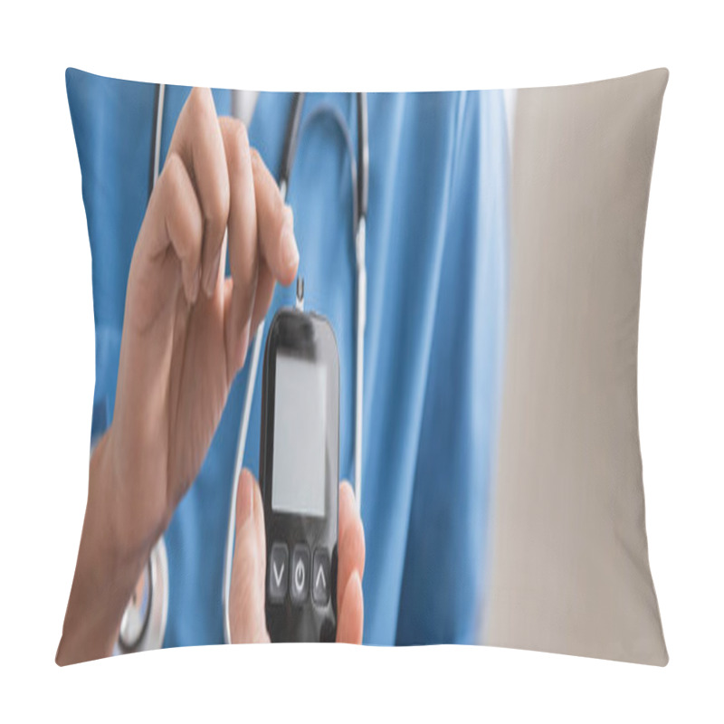 Personality  Cropped View Of Multiracial Nurse Pointing With Finger At Glucometer With Test Strip Near Senior Woman, Banner  Pillow Covers