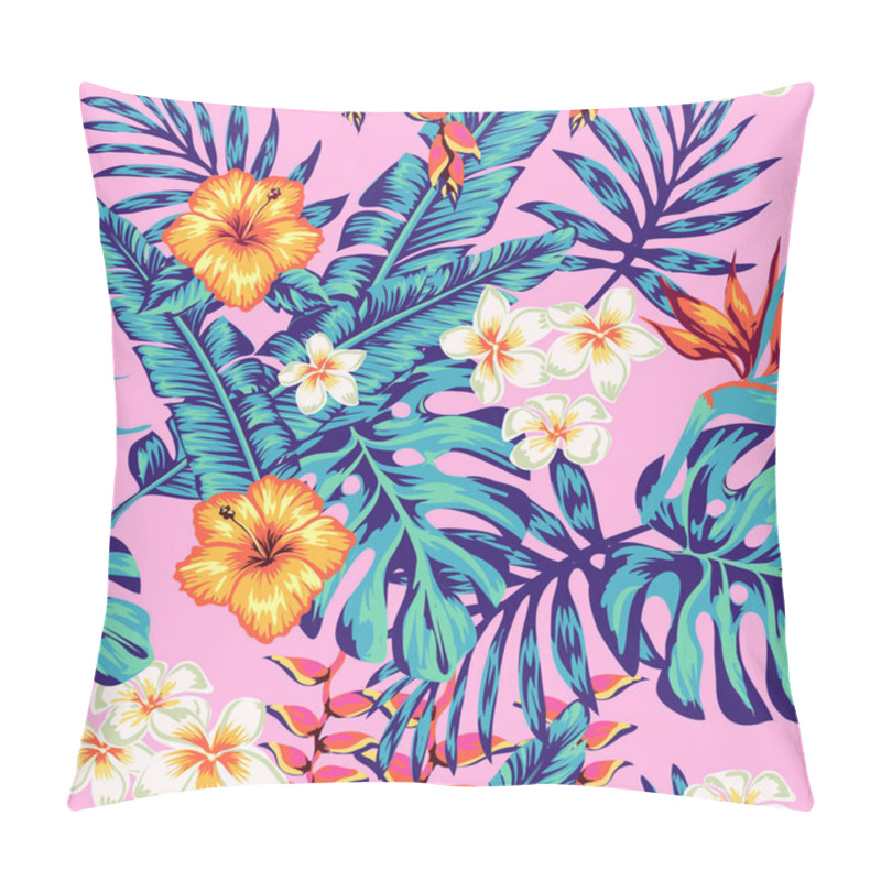 Personality  Tropical Background With Palm Leaves And Exotic Flowers And Buds Of Plants, Suitable For The Design Of Postcards, Packaging Or Fabric Decoration. Pillow Covers