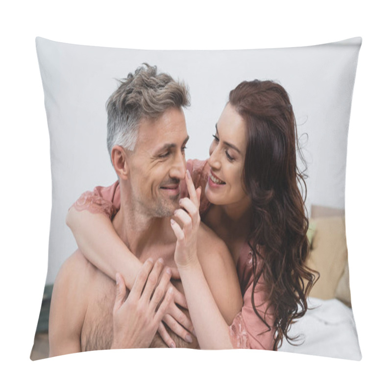 Personality  Smiling Woman In Silk Robe Touching Nose Of Shirtless Husband In Bedroom  Pillow Covers