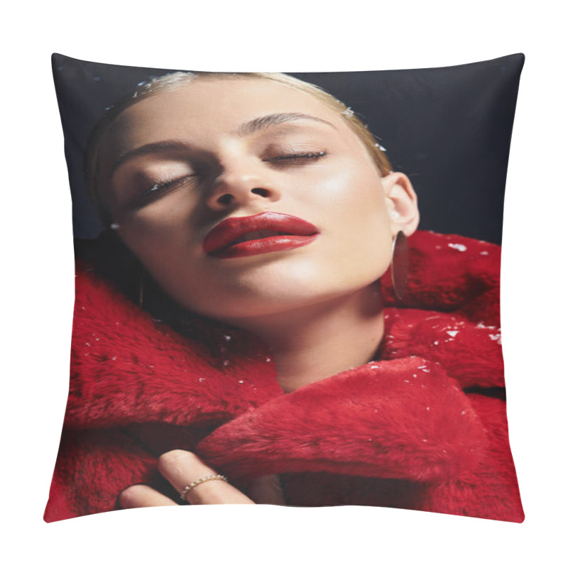 Personality  A Young Woman In A Cozy Red Coat Relaxes Amid Soft Snowflakes. Pillow Covers