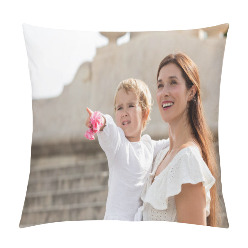 Personality  Baby Girl Holding Flowers And Pointing With Finger Near Mom In Valencia Pillow Covers