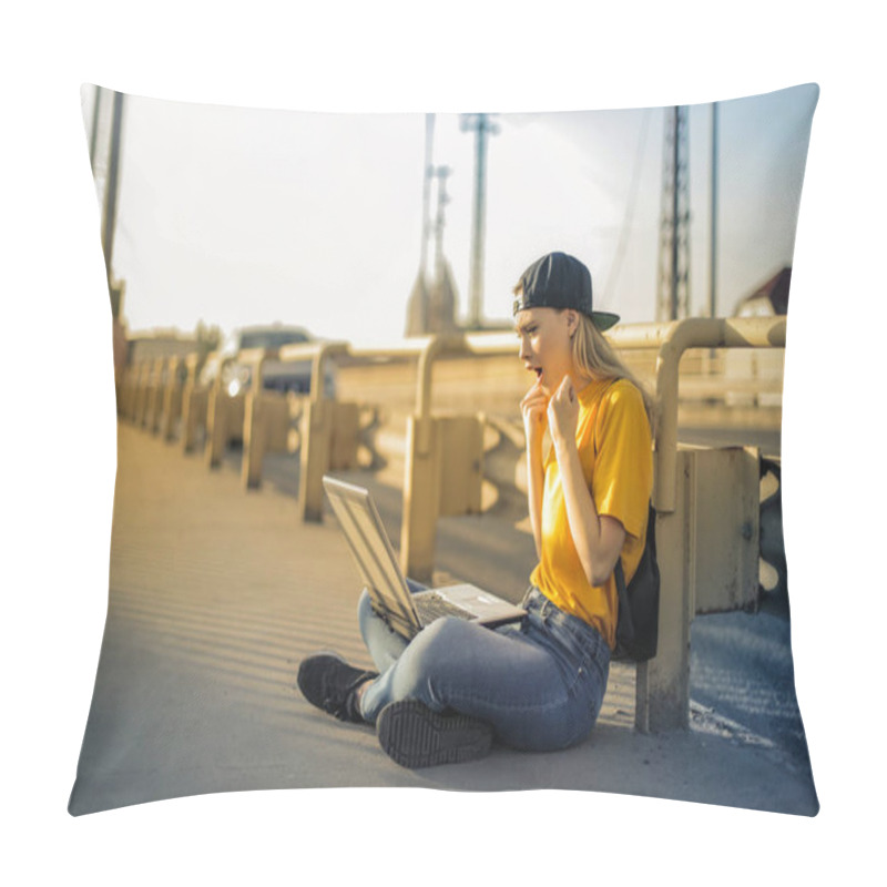 Personality  Young Blonde Woman Sitting On A Bridge In The City And Happily Checking Her Laptop. Pillow Covers