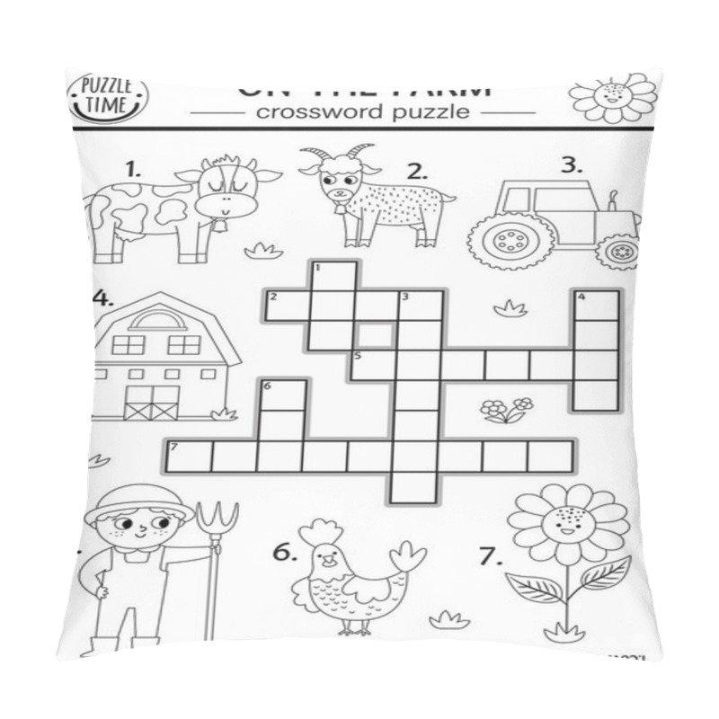 Personality  Vector On The Farm Black And White Crossword Puzzle For Kids. Simple Farm Line Quiz For Children. Country Educational Activity With Cow, Farmer, Tractor, Barn. Rural Village Cross Word Coloring Pag Pillow Covers