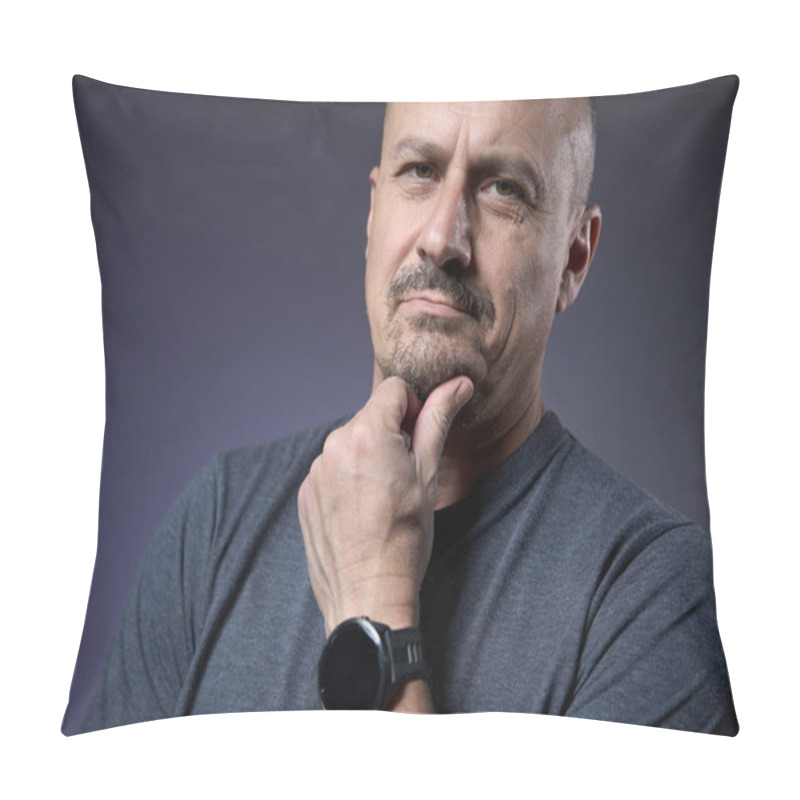 Personality  Mature Man With An Expression Of Skepticism On Purple Background Pillow Covers