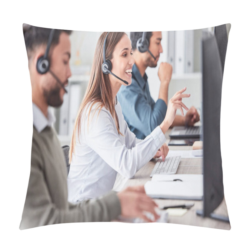 Personality  An Attractive Young Female Call Center Agent Working In Her Office. Pillow Covers