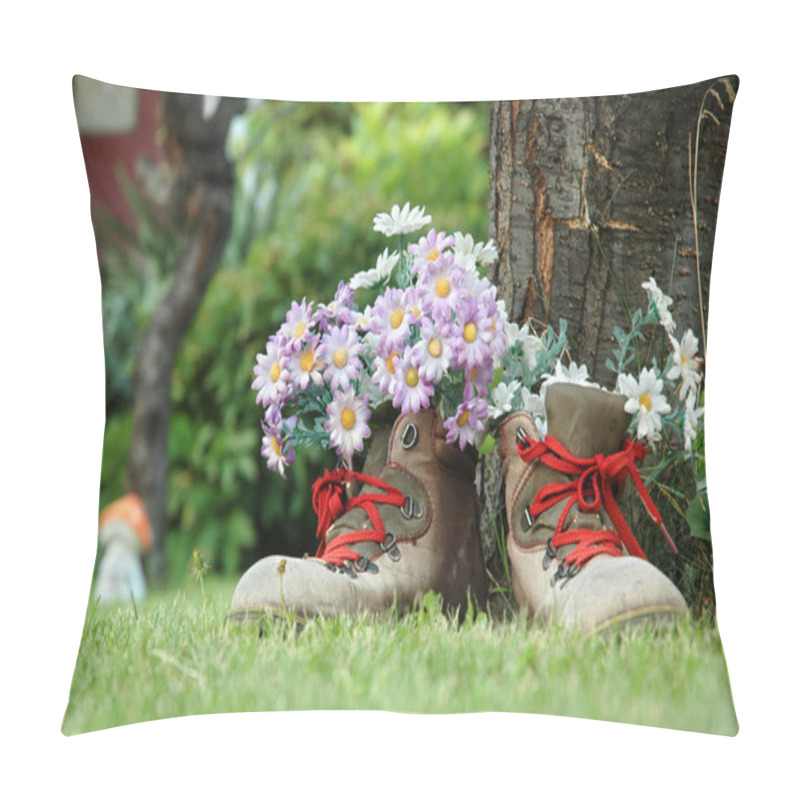 Personality  Flowers In Old Shoes With Red Shoelaces On Lawn Pillow Covers