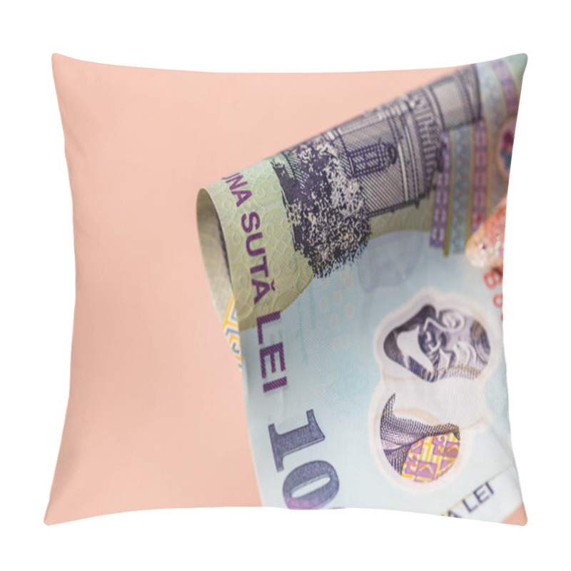 Personality  Selective Focus On Detail Of LEI Banknotes. Counting Or Giving Romanian LEI Banknotes. World Money Concept, Inflation And Economy Concept Pillow Covers