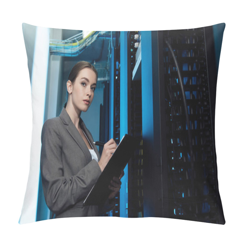 Personality  Beautiful Businesswoman Writing While Holding Clipboard In Server Room  Pillow Covers