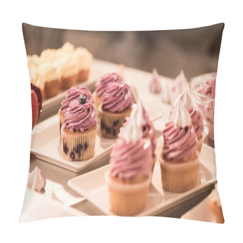 Personality  Close Up View Of Sweet Cupcakes On Plates On Counter In Restaurant Kitchen Pillow Covers