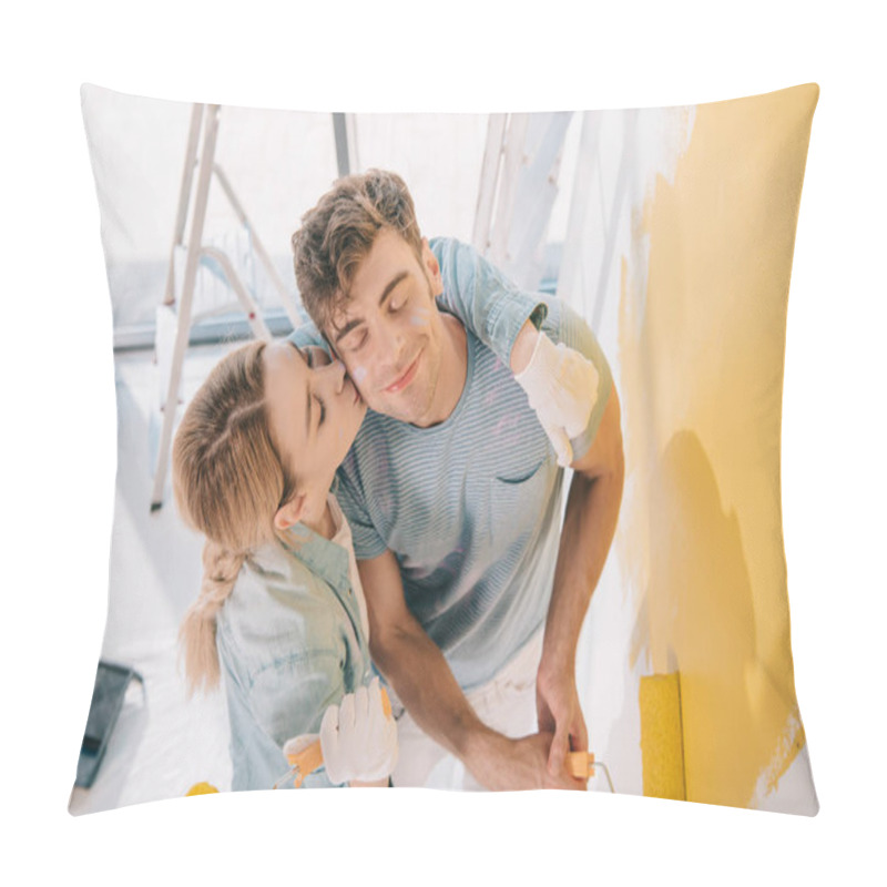 Personality  High Angle View Of Girl Kissing Boyfriend Painting Wall In Yellow Pillow Covers