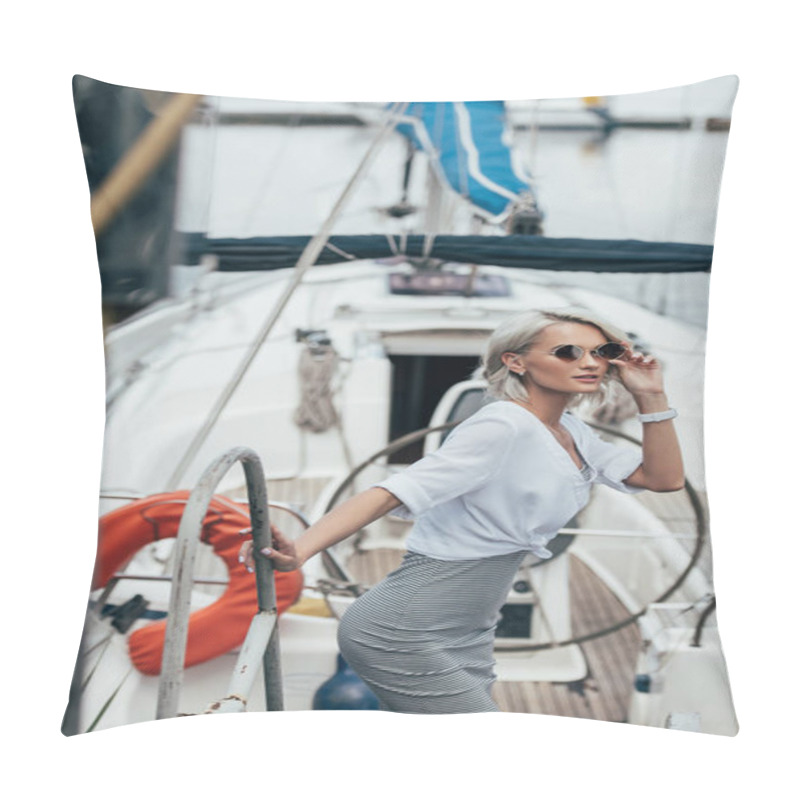 Personality  Beautiful Young Woman In Sunglasses Looking At Camera On Yacht Pillow Covers