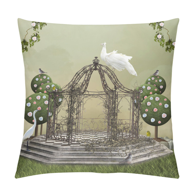 Personality  Romantic Pagoda In A Meadow Scenery With A Peacock And An Egret  3D Illustration Pillow Covers