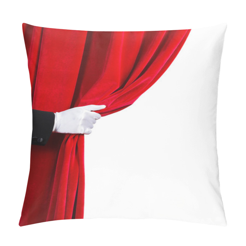 Personality  Close Up Of Hand In White Glove Open The Curtain. Place For Text Pillow Covers