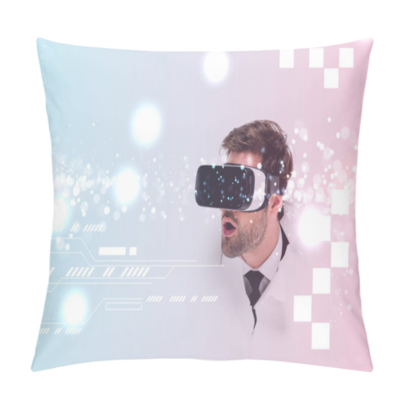 Personality  Shocked Man In Virtual Reality Headset Behind Hole In Wall With Glowing Cyberspace Illustration Pillow Covers