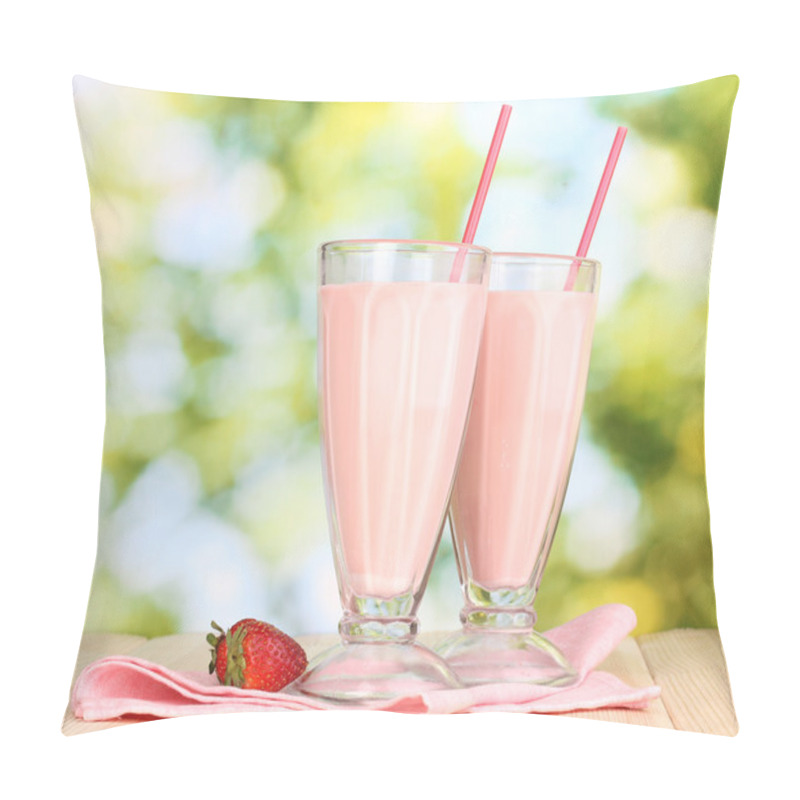 Personality  Strawberry Milk Shakes On Wooden Table On Bright Background Pillow Covers