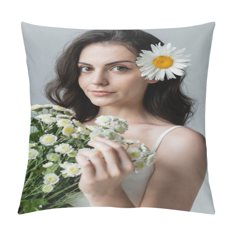 Personality  Portrait Of Young Woman Holding Chamomiles Isolated On Grey  Pillow Covers