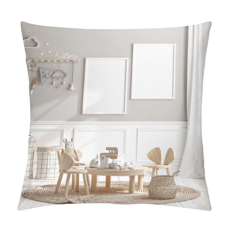 Personality  Mock Up Frame In Children Room With Natural Wooden Furniture, 3D Render Pillow Covers