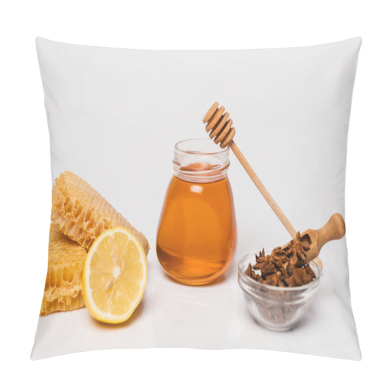 Personality  Honeycomb, Ginger Root And Fresh Lemon, Bowl With Anise Seeds And Honey Jar With Wooden Dipper On White Pillow Covers