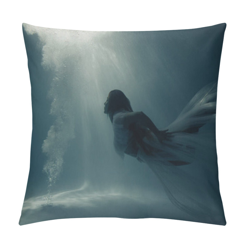 Personality  Beautiful Woman In Bridal Dress Swims And Dives Under Sunlit Deep Water. Pillow Covers