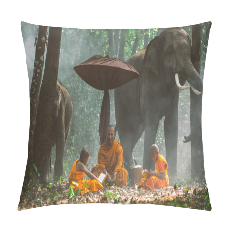 Personality  Thai Monks Walking In The Jungle With Elephants Pillow Covers