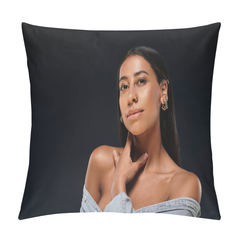 Personality  Brunette Woman Demonstrates Jewellery In A Studio Setting With Natural Light. Pillow Covers