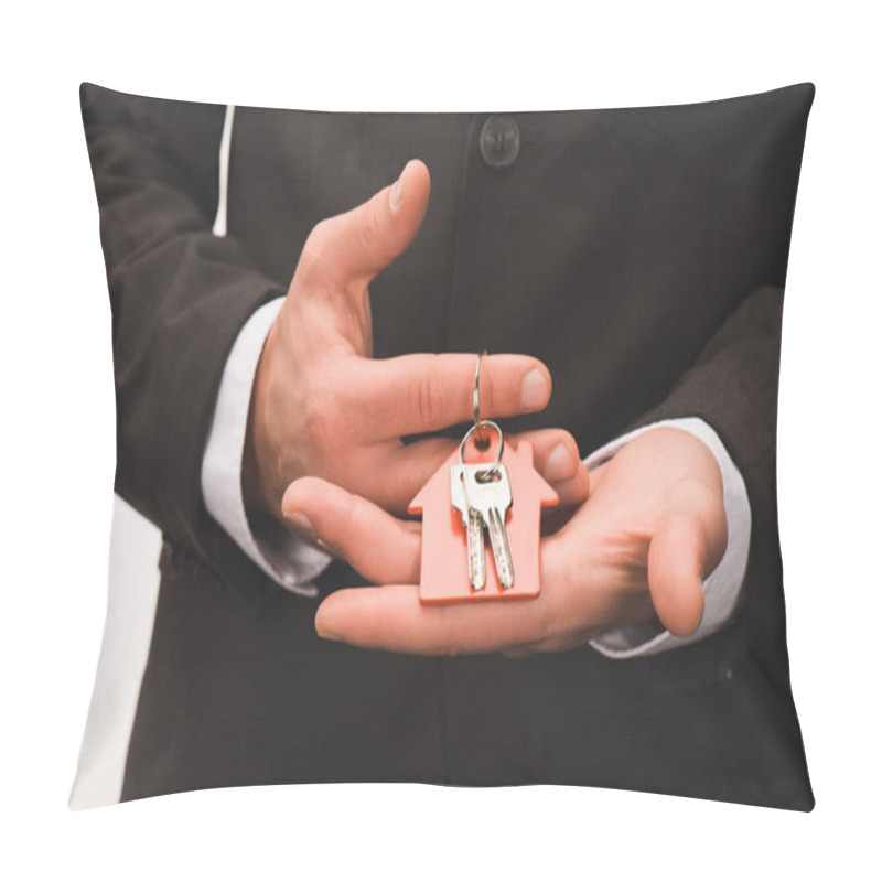 Personality  Cropped Image Of Man Holding Key From House Isolated On White Pillow Covers