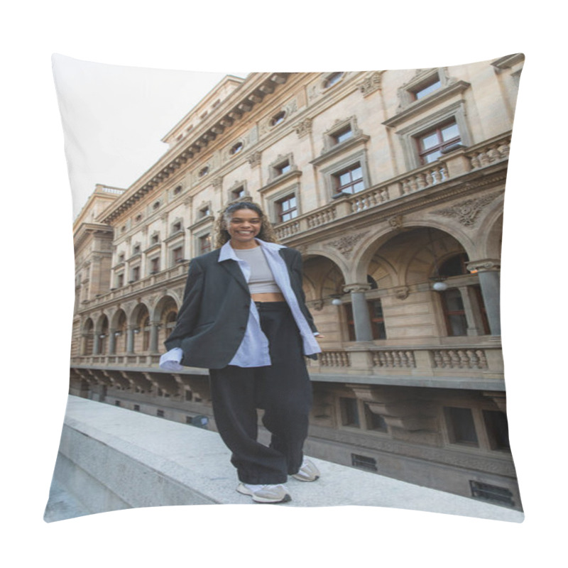 Personality  Full Length Of Positive African American Woman In Oversize Suit Walking Near Building Of National Theater In Prague Pillow Covers