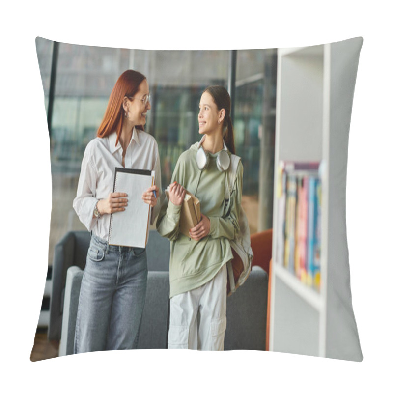 Personality  A Redhead Woman Teaches A Teenage Girl In A Library, Both Engrossed In After-school Lessons Pillow Covers