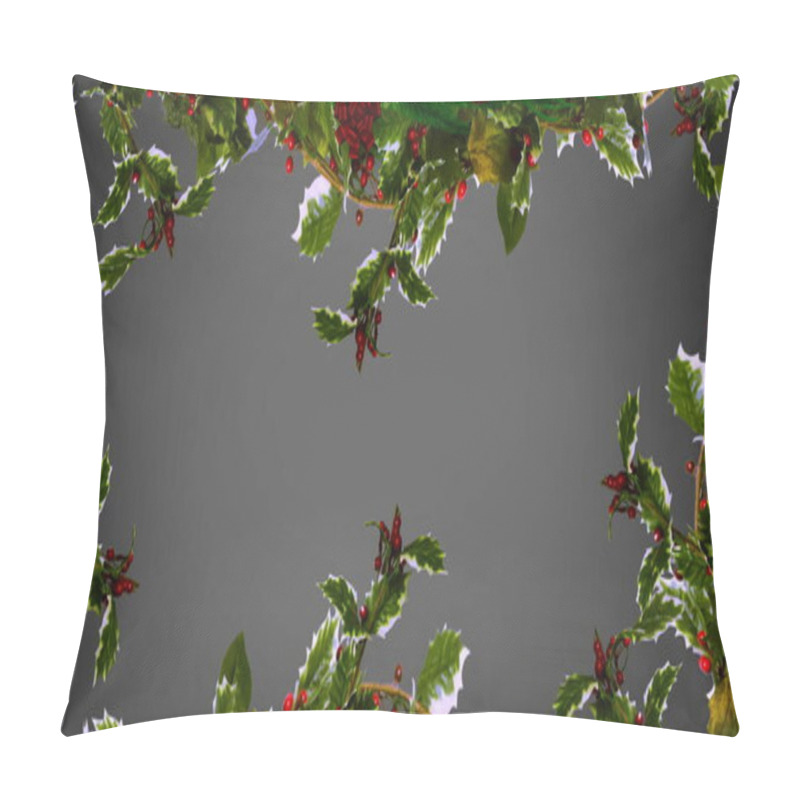 Personality  Decorative With Spruce Branches, Holly And Red Berries Against Grey Background. Christmas Festivity And Celebration Concept Pillow Covers