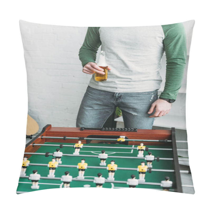 Personality  Partial View Of Man Standing By Football Table And Holding Bottle Of Beer Pillow Covers