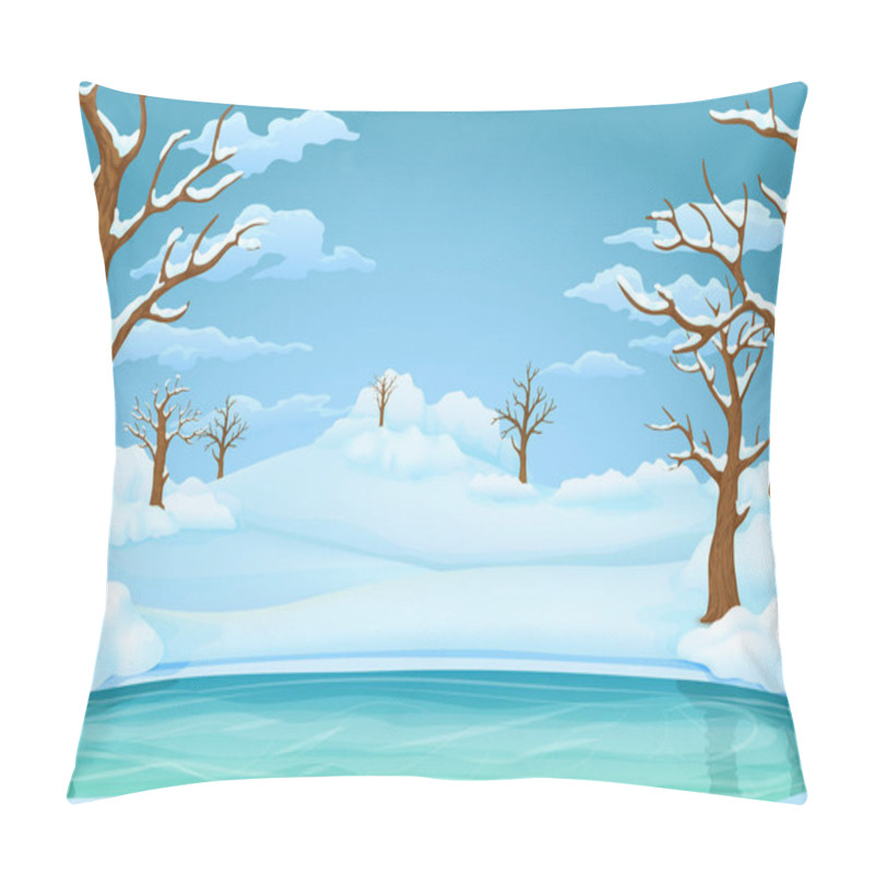 Personality  Winter Day Vector Illustration. Frozen Lake Or River With Snow Covered Leafless Trees And Bushes. Snowy Hills, Meadows And Blue Sky With Clouds On The Background. Pillow Covers